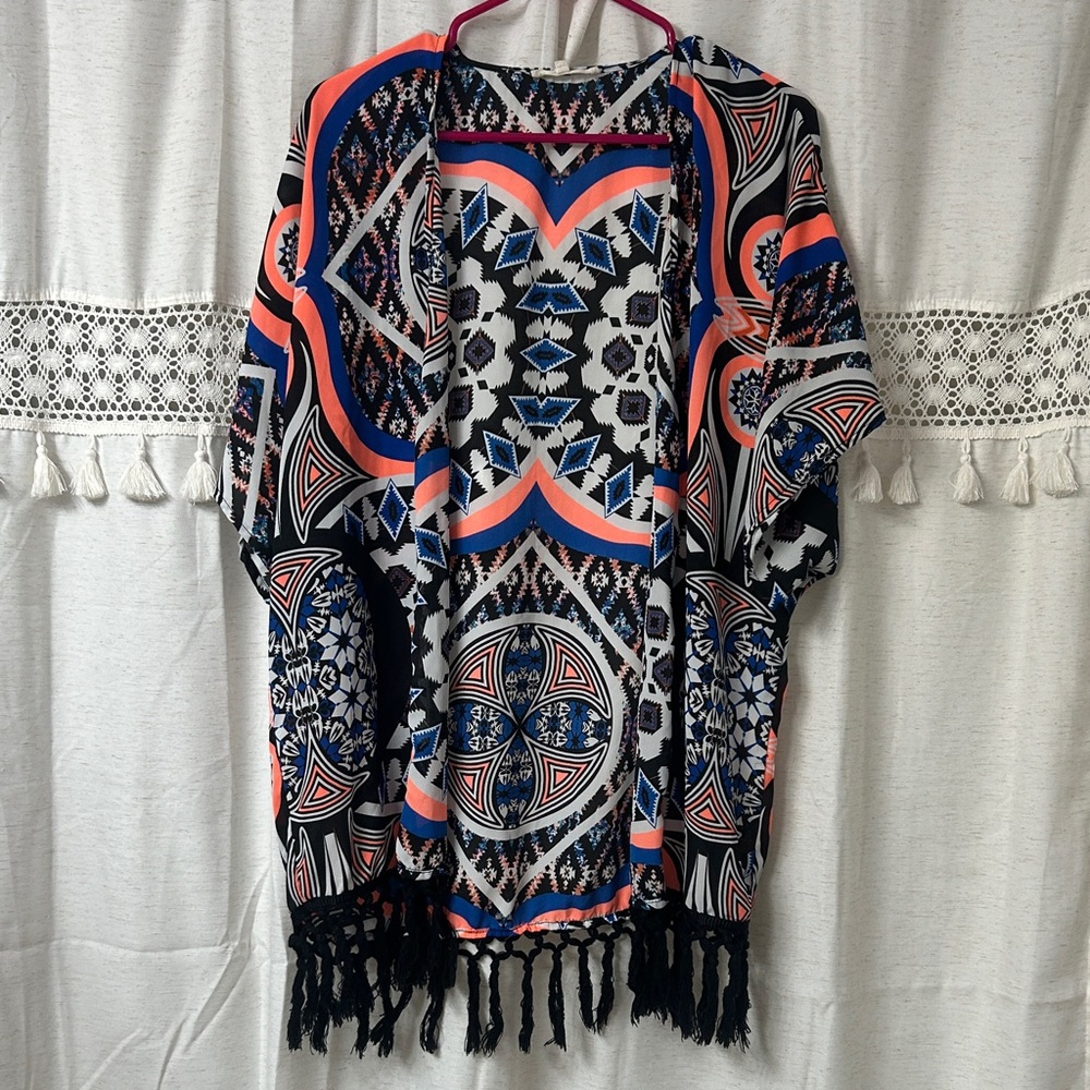 Wishful Park Aztec Print Open Kimono in Navy, Coral & White
